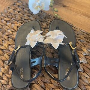 Melissa Floral, Romantic, Tropical Black and Cream Sandals, Size 9, EUC
